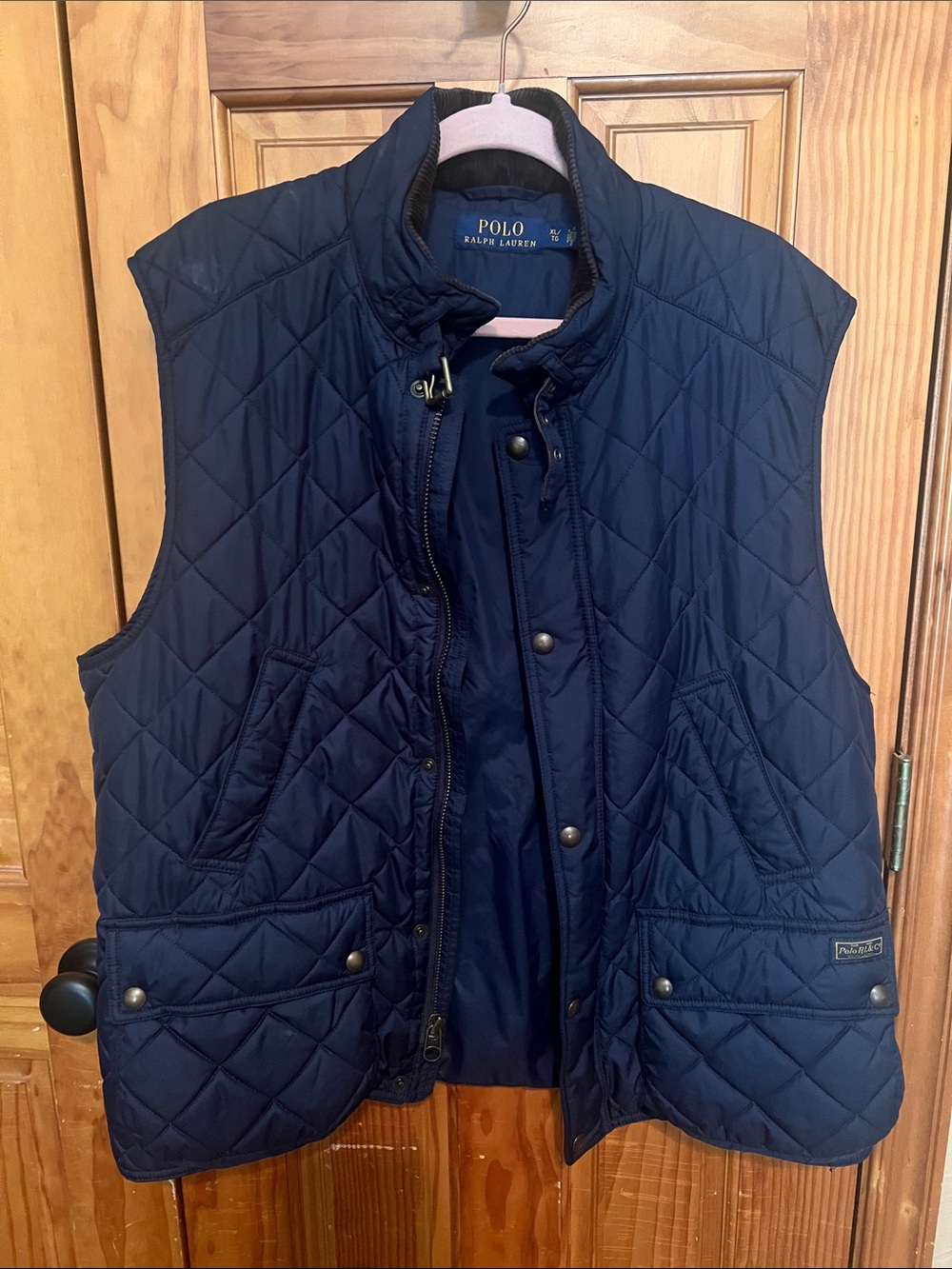 Vintage Polo by Ralph Lauren Quilted Navy Sleeveless Vest Men’s XL suede collar